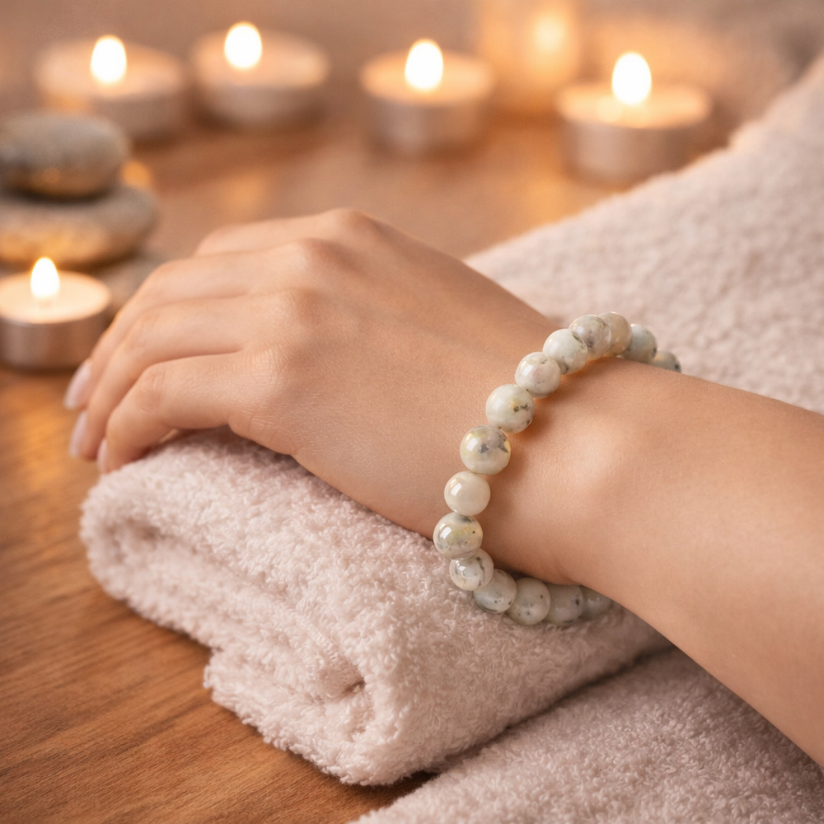 Hand wearing Moonstone bracelet on a towel with blurred candles in the background