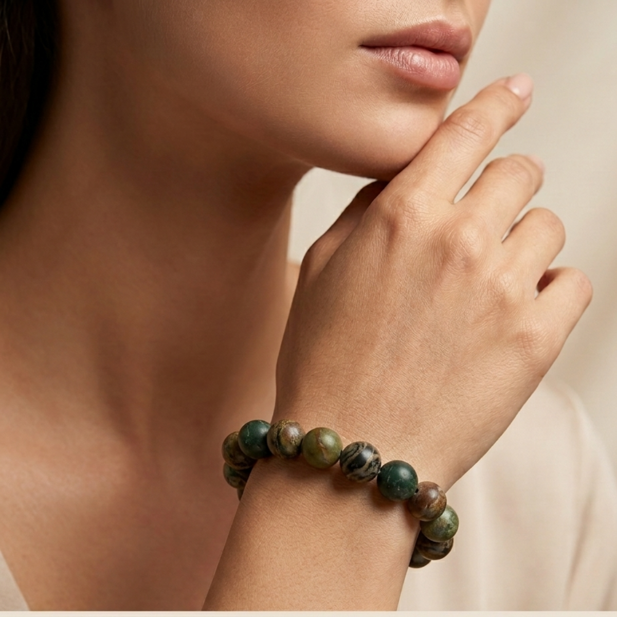 Close-up of a hand wearing a green beaded bracelet on a neutral background