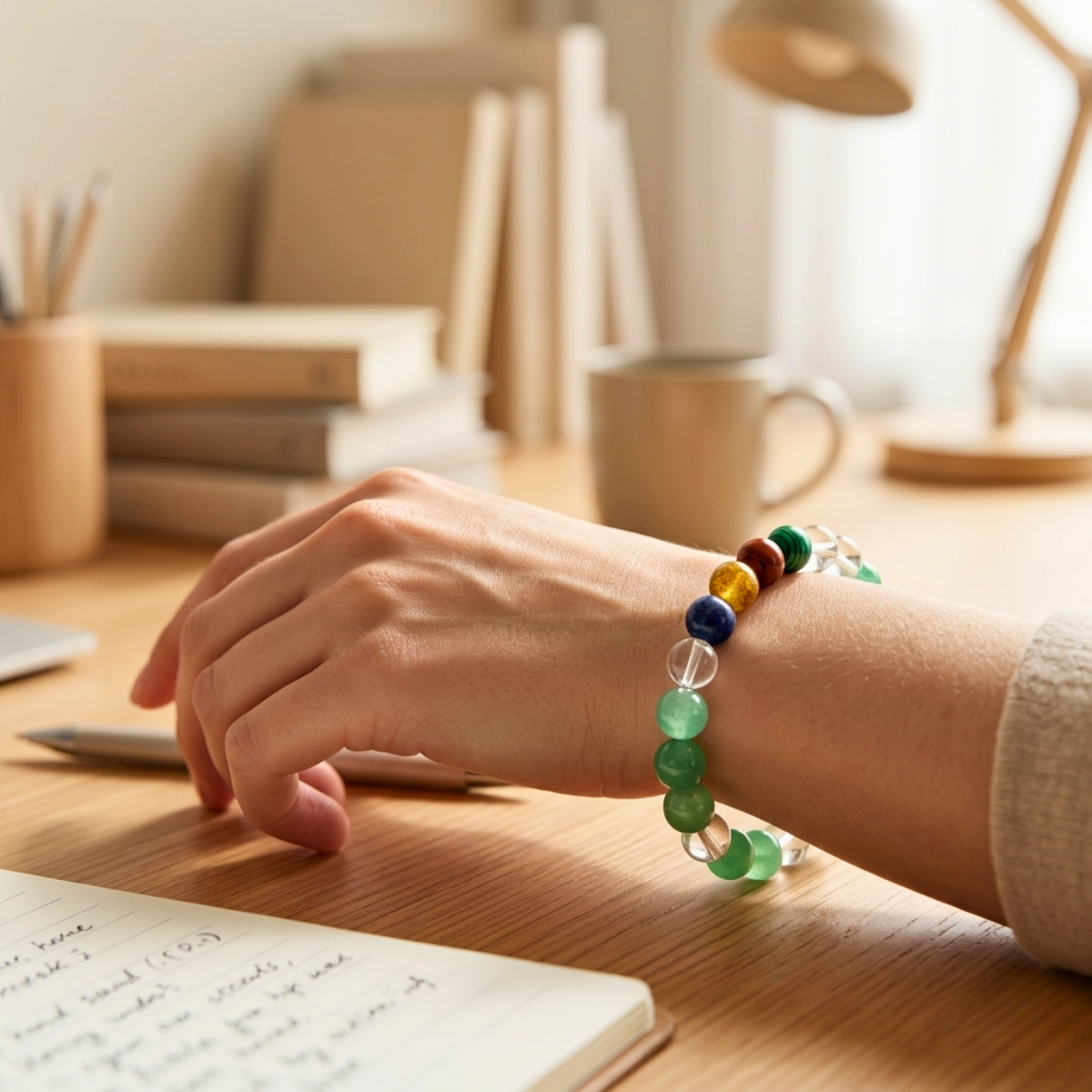 Person wearing a colorful beaded bracelet on a desk with books and a mug in the background