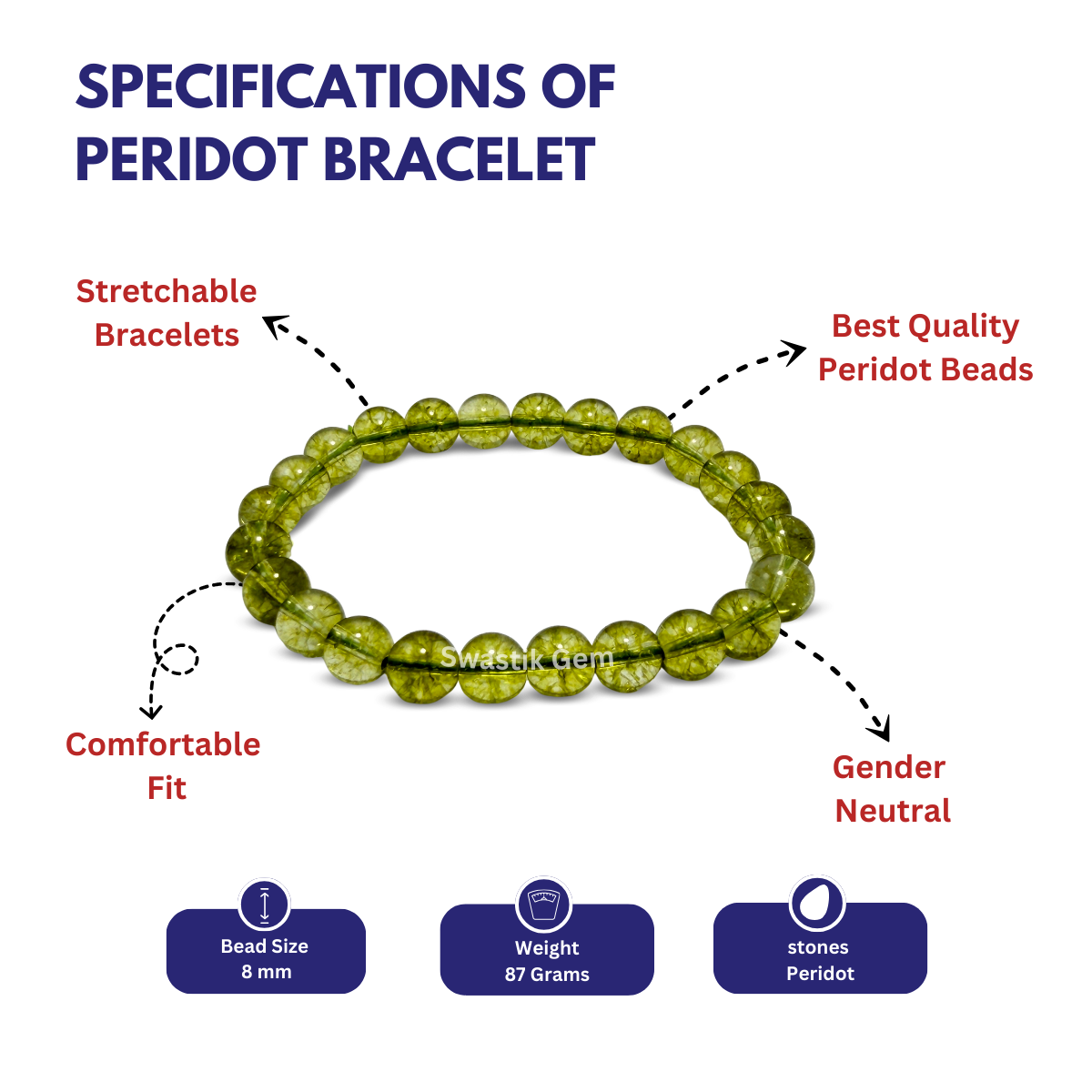 Peridot bracelet with specifications 