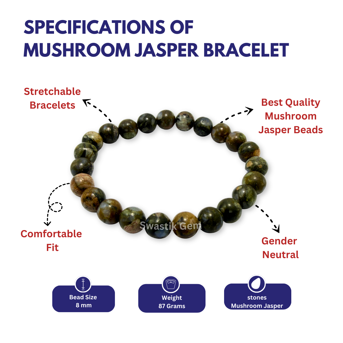 Mushroom Jasper bracelet with specifications 