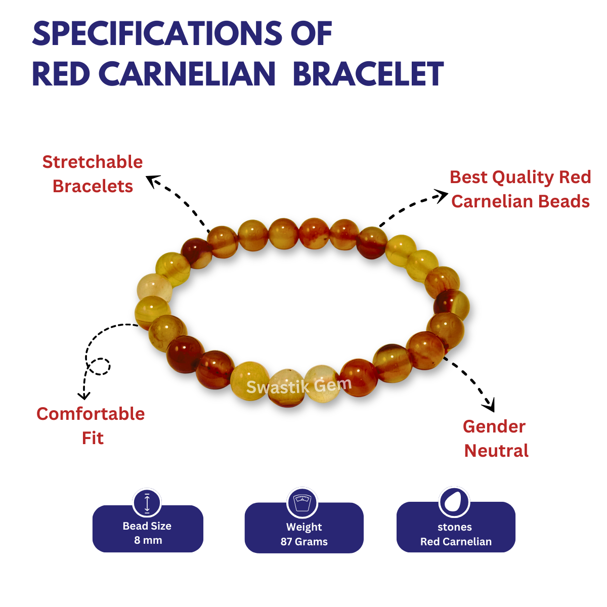 Red carnelian bracelet with specifications 