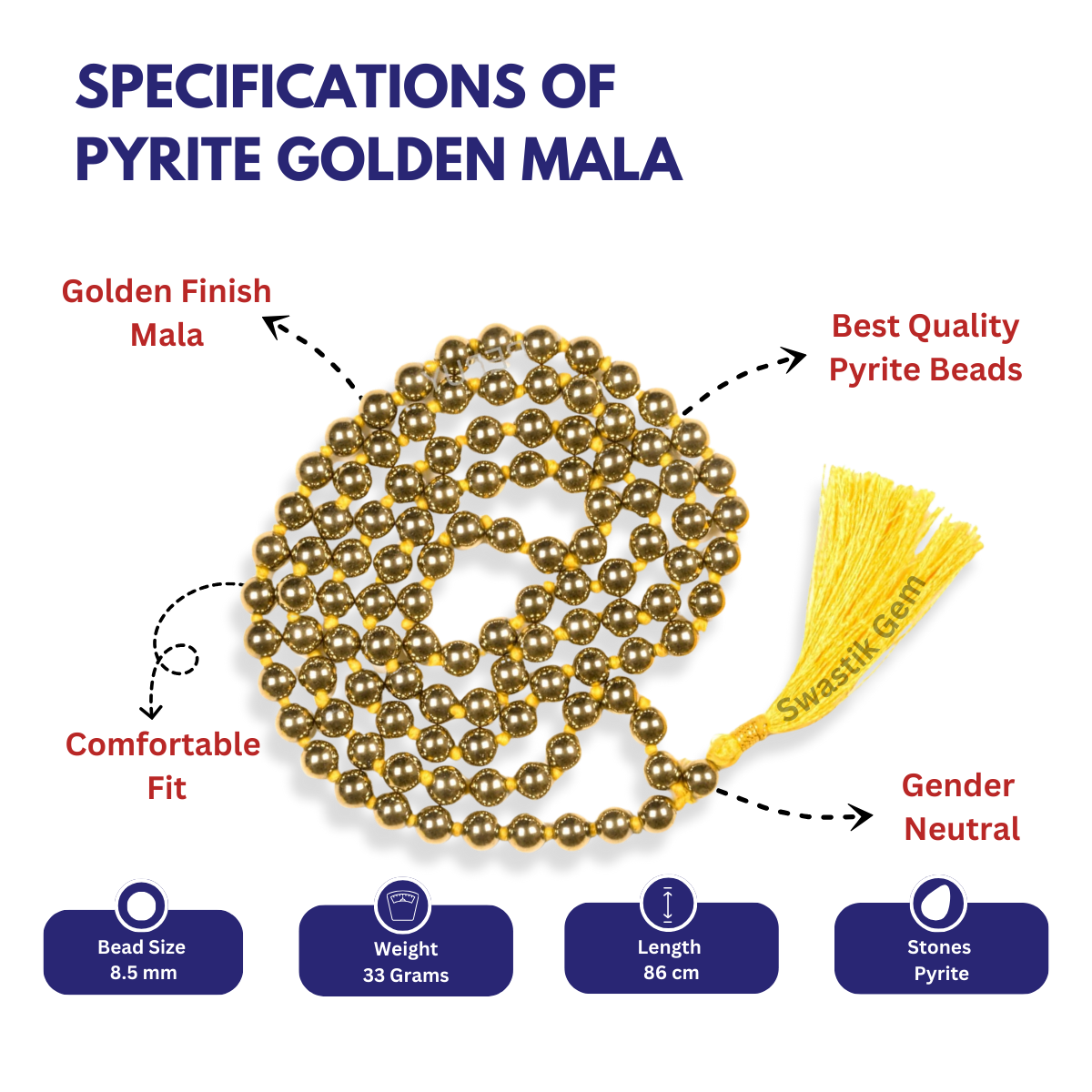 Specifications Of Pyrite Golden Mala