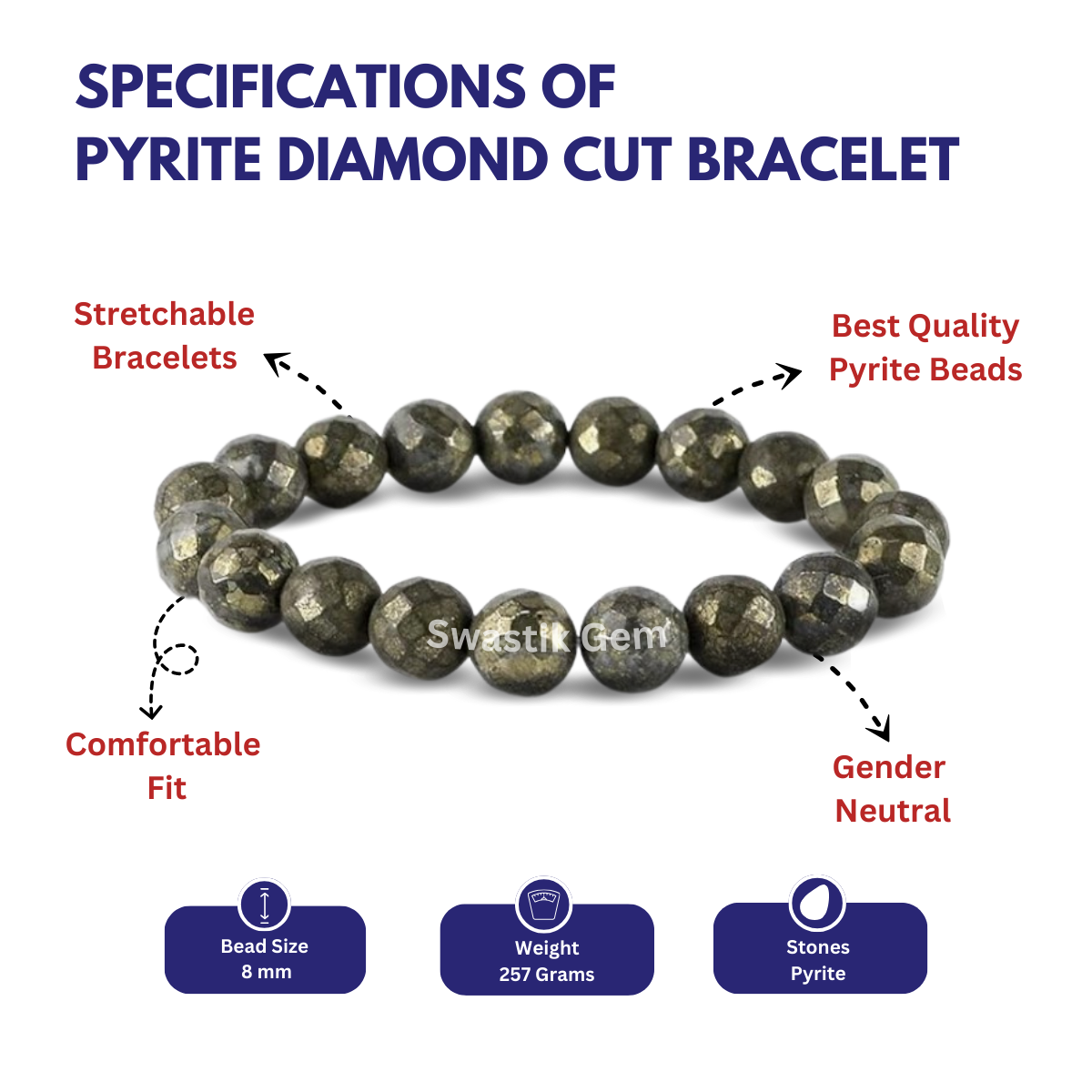 Pyrite Bracelet Diamond Cut 8 mm