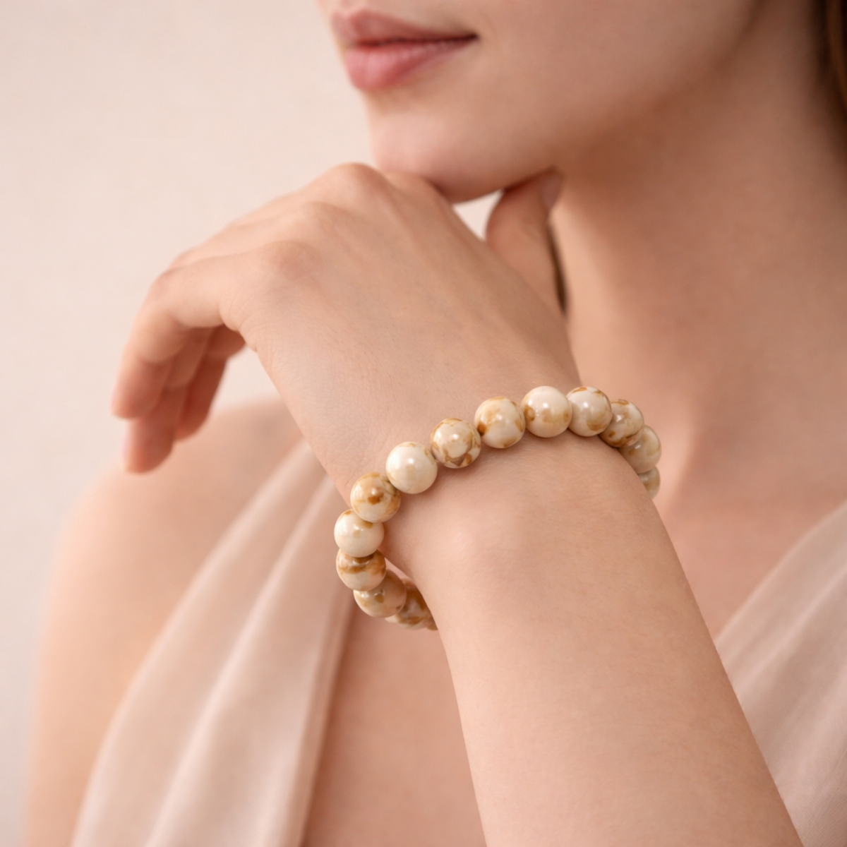 Pearl bracelet on a person's wrist 