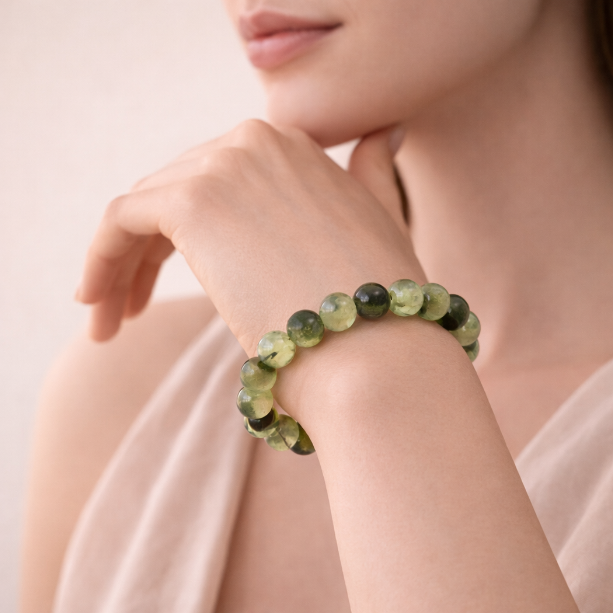 Prehnite Bracelet on a person's wrist 