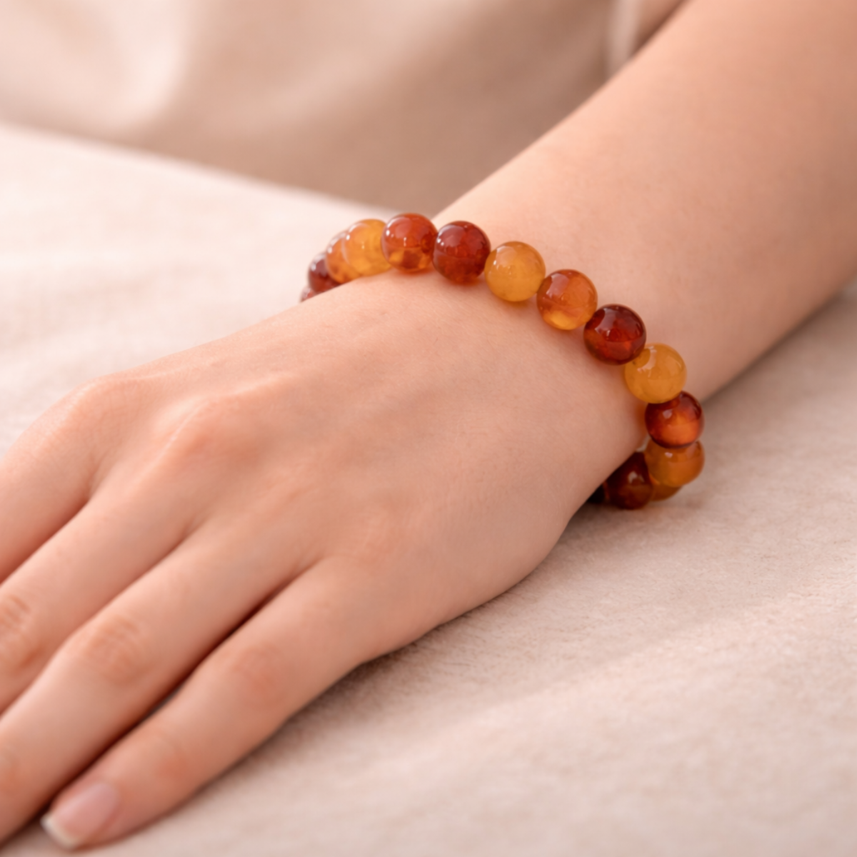 Hand wearing a bracelet withRed Carnelian beads  on a neutral background