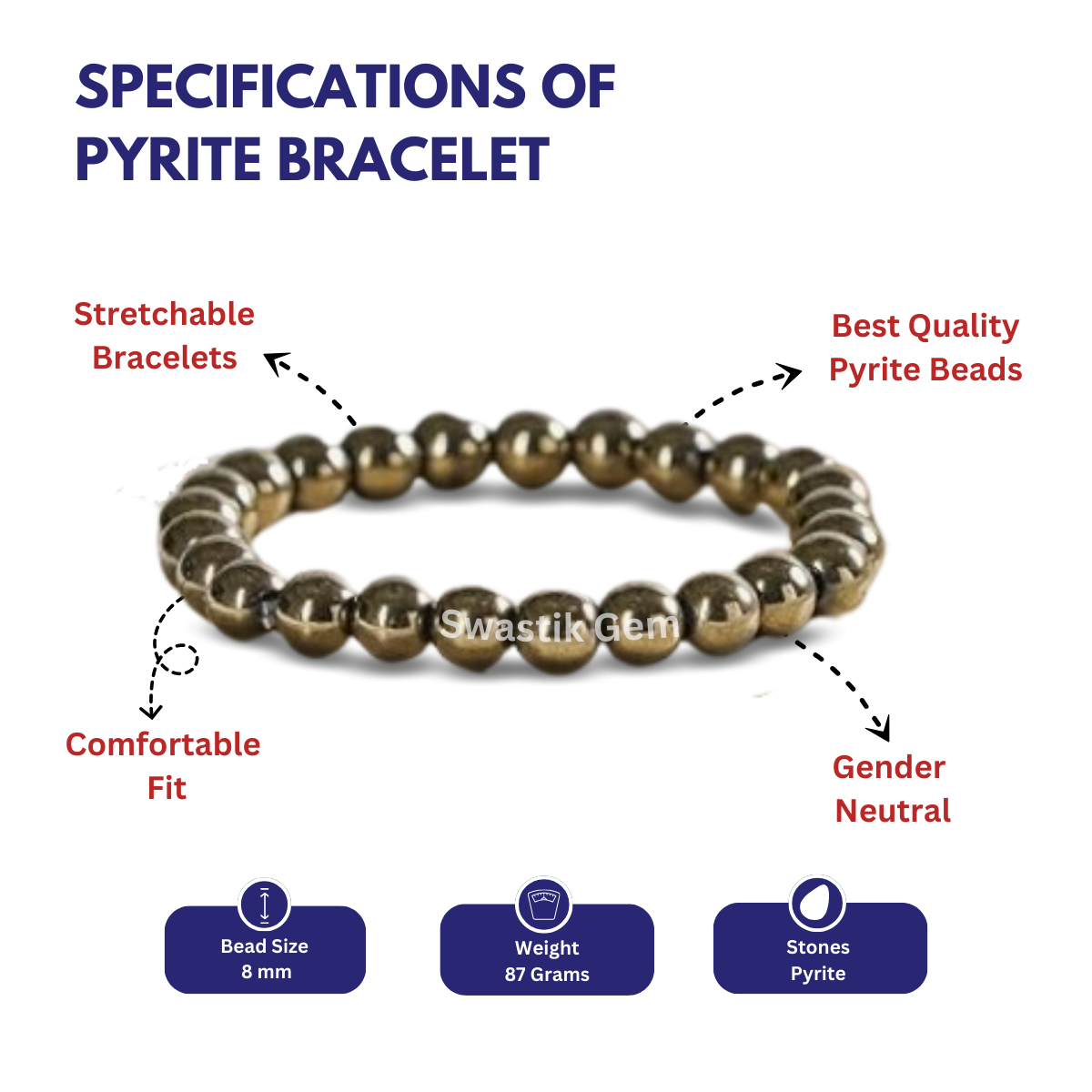 Specifications of Pyrite Bracelet  8 mm