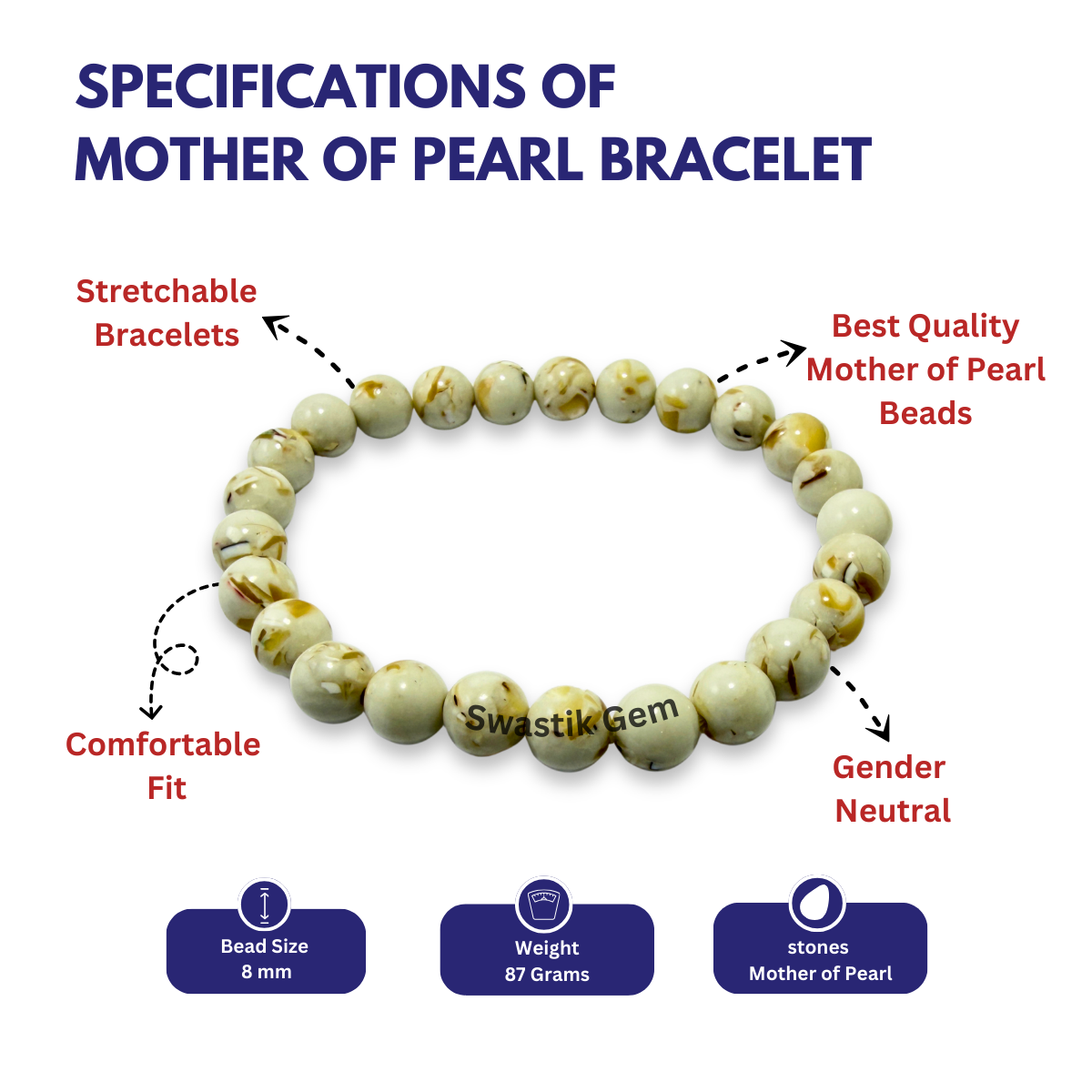 Mother of pearl bracelet with specifications